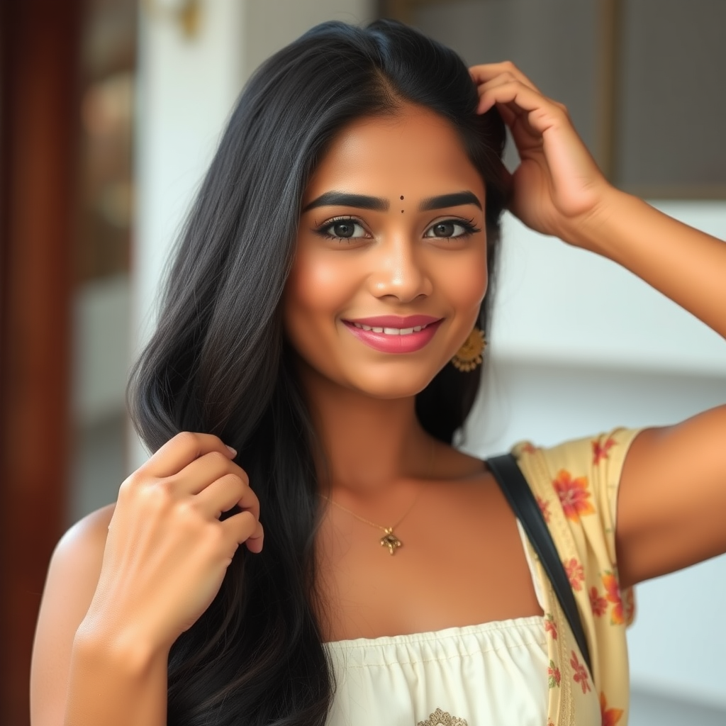 An attractive Sinhalese woman in her 20s adjusting her long hair.