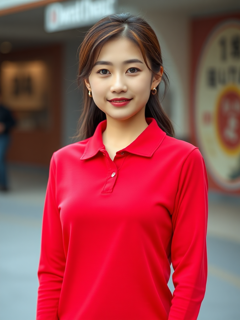 A Asian woman wearing a red long-sleeved polo shirt. Full body, front view, looking at viewer.