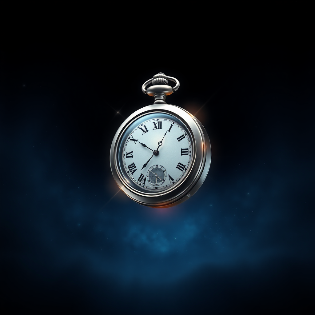 A dark and mysterious background representing the cosmos with deep blue and black tones, sprinkled with some bright stars on the horizon. In the center of the image, an antique pocket watch or an hourglass with a futuristic design, blending elements of shiny metal and glass, suspended in the air. The watch should have a soft luminous aura, as if emanating temporal energy. Around it, subtle flashes of light and curved lines hinting at a journey through time. The symbol should be simple enough to be clearly visible in a small circular format (profile picture).

Predominant colors: dark shades of blue, black, and silver, with bright accents in white or gold to highlight the watch and light effects.

Size: 800x800 pixels, designed to be legible and clear in a circular format.