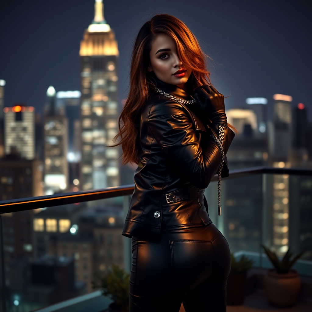 A beautiful and hot thief girl in black leather jacket with black pants and gloves posing with her back turned on a Manhattan penthouse at night.