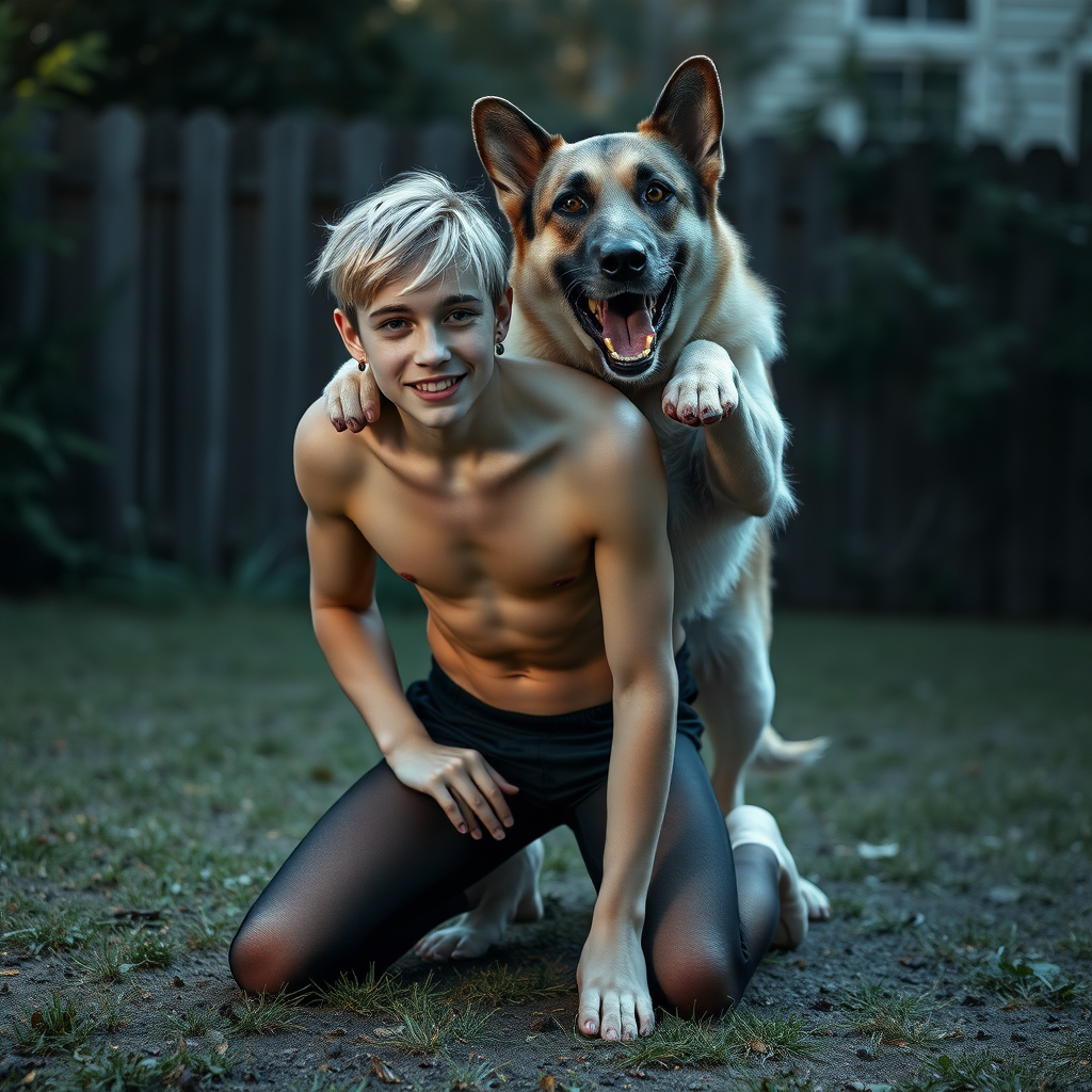 photorealistic, ultra high resolution, 16K, surreal fantasy, studio lighting, a pretty 16 year old goth male, slim male physique, short blonde hair, goth makeup, earrings, pantyhose, white ballet shoes, playing with his large dog in the yard - he is kneeling forward, while the dog stands up behind him and rests its paws on the boy's shoulders, excited smile, facing the camera.