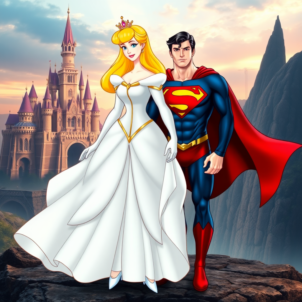 Generate a full-length image of Princess Aurora with the body type of Superman, while keeping her head intact. Make modifications to her body traits, such as enhancing her muscular structure, to match Superman's physique. Additionally, create an appropriate background that suits both characters, such as a blend of a fairytale castle and a futuristic cityscape. Please ensure the image is detailed, well-lit, and visually appealing.