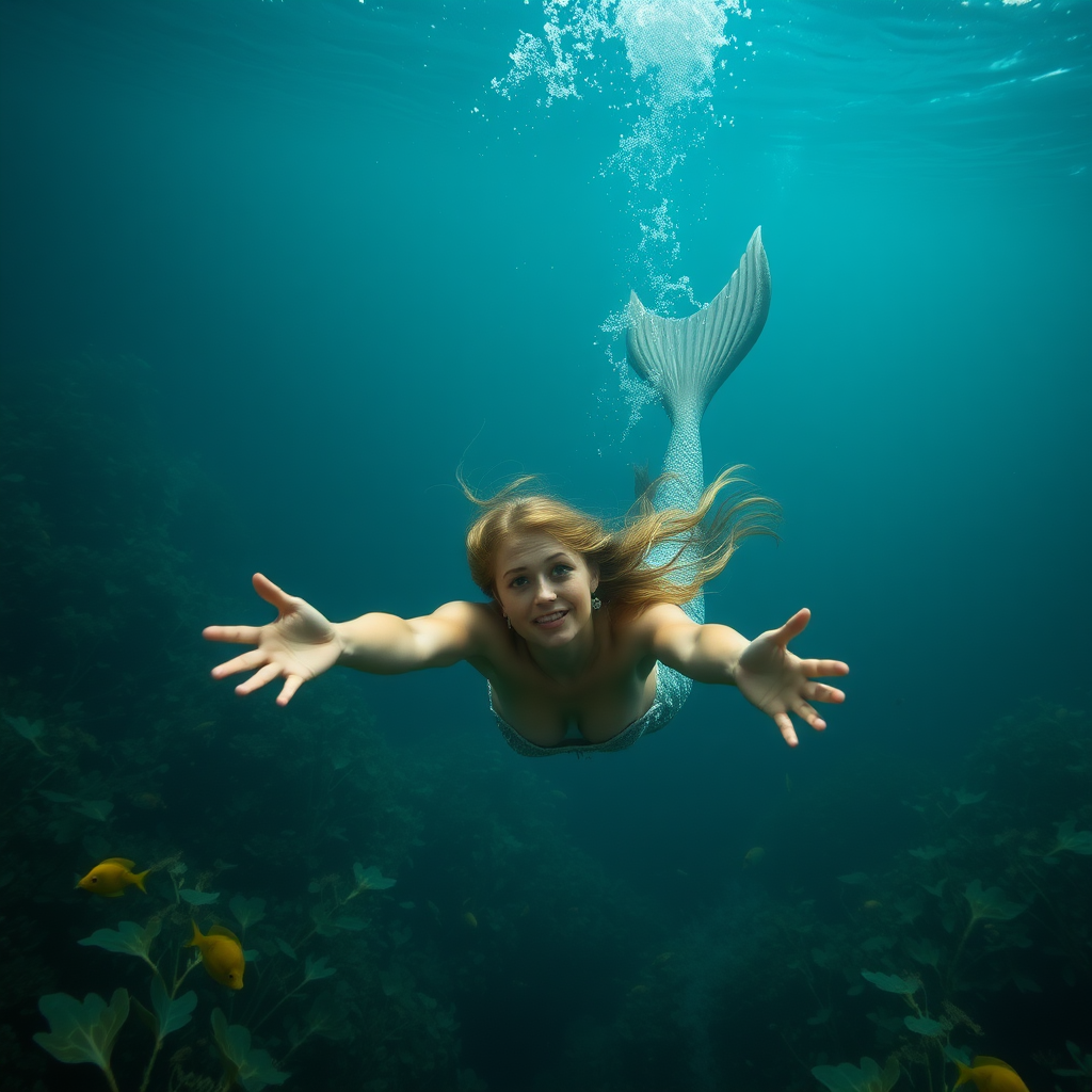 Sookie Stackhouse as a mermaid. She's diving down towards the viewer of the image, arms outstretched. The sea is deep and mysterious and filled with a myriad of ocean life plants, fish, and other aquatic life.