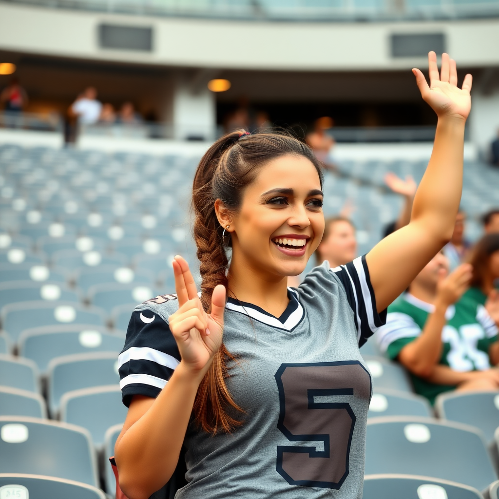 Attractive female NFL fan cheering, pigtail hair, bleacher row