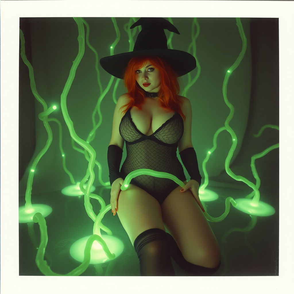 An old polaroid photo with heavy dark a color tint to the photograph and visible light leaks. The photo depicts a sexy alt goth girl with pale skin and red hair. She has a plump booty. She has large breasts with ample cleavage and is wearing a black fishnet bodysuit. She is wearing a witch hat. She is surrounded by glowing translucent green vine coming out of magic bright glowing pools of water on the floor, wrapped around her arms and legs. She is straddling a green vine between her legs. The image looks hazy and grungy.