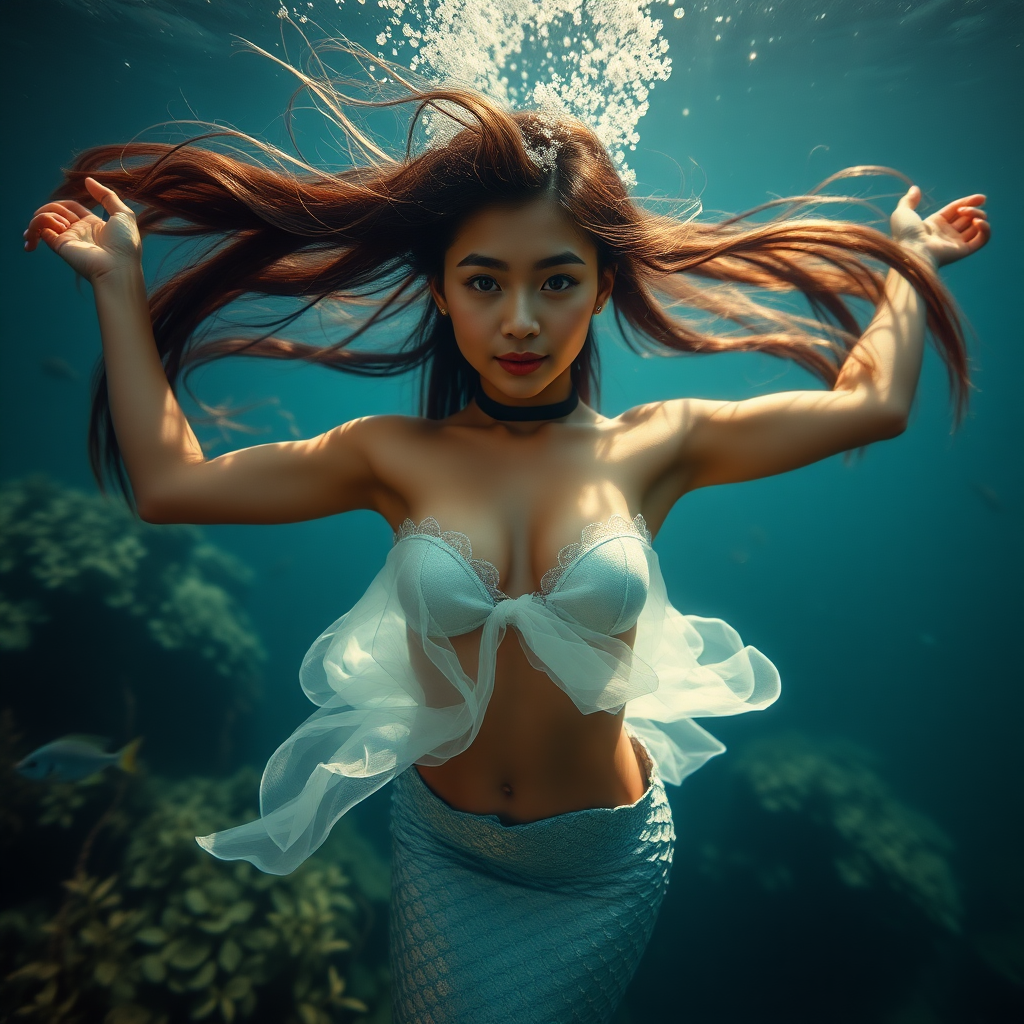 Dark skinned tiny Asian woman as a fit and trim mermaid underwater amazing loose flowing hair floating in a nimbus around her beautiful face her arms outstretched languidly over her head. she's looking directly into the viewer's eyes making intense eye contact. diaphanous gossamer. Burlesque. Stunning undersea life details plants and fish and other creatures of the sea. Impressive, shining scaled mermaid tail. Athletic pose. Amazing HD DSLR photographic output.