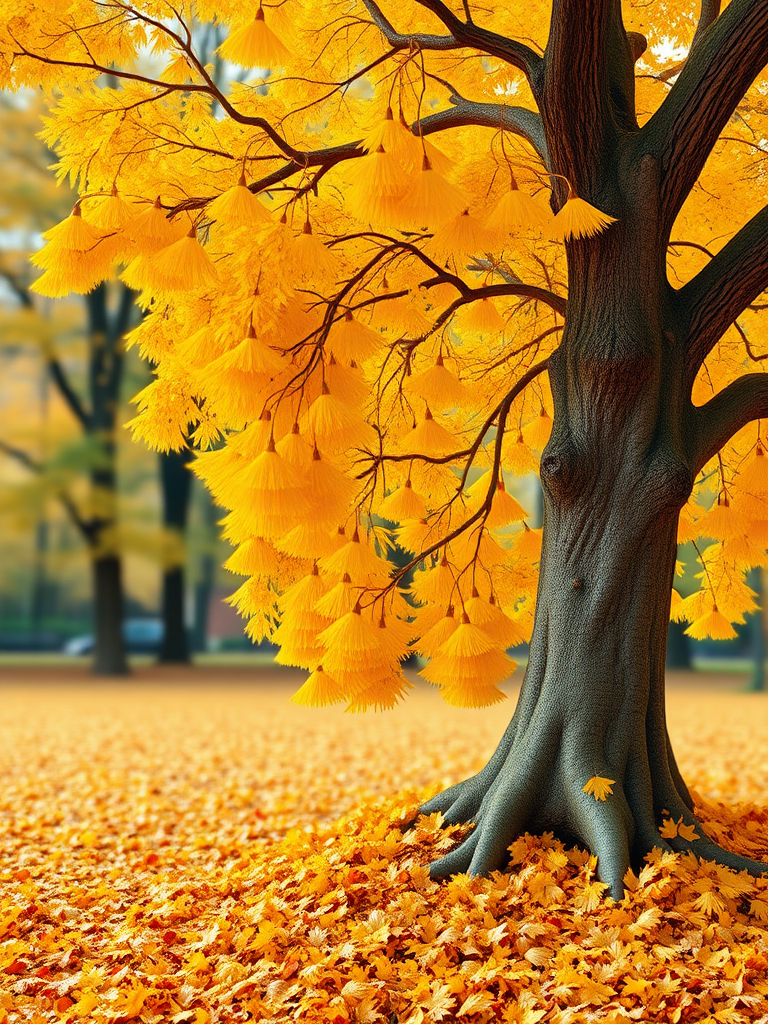 Draw it as if it were real, with an old, large, yellow ginkgo tree standing on the right, and ginkgo leaves piled up underneath, to express the fall when the ginkgo leaves fall, and the background should be out of focus to express an autumn park.