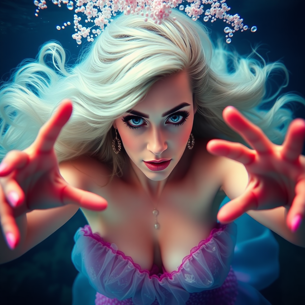 Katy Perry as a mermaid underwater, hair floating in a nimbus around her beautiful face, her arms outstretched towards the viewer, and she's looking down into the viewer's eyes, making intense eye contact. Diaphanous. Real DSLR HD Photography. Burlesque.