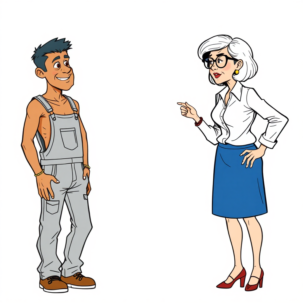 20 year old european skinny boy wearing work overalls is blushing excited while lectured by a towering 55 Years old, fit, European, Latina, sharp aquiline nose, wrinkles, high cheekbones, Middle Eastern, Skinny, Tanned skin, Dark light skin, Rounded Medium breasts, Skinny thighs, full Makeup, jewelry, Serious face, Sharp nose, Ash hair, short bowl haircut, Brown eye color, Glasses, with detailed features. Hands on hips, She is bent over the boy, she is wearing a white shirt and a blue skirt, detailed fabric. full body, high heels sandals, long establishing shot, 2D, caricature, cartoon, Sketch lines, coloring book, nlack and white, coloring book style on white background, well composed, clean coloring book page, No dither, no gradient, strong outline, No fill, No solids, vector illustration