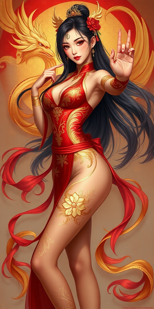 a semi anime chinese female, with gold Phoenix themed outfit, in sexy pose, hand pose, legs pose, in simi realism painting art style, Dynamic sense