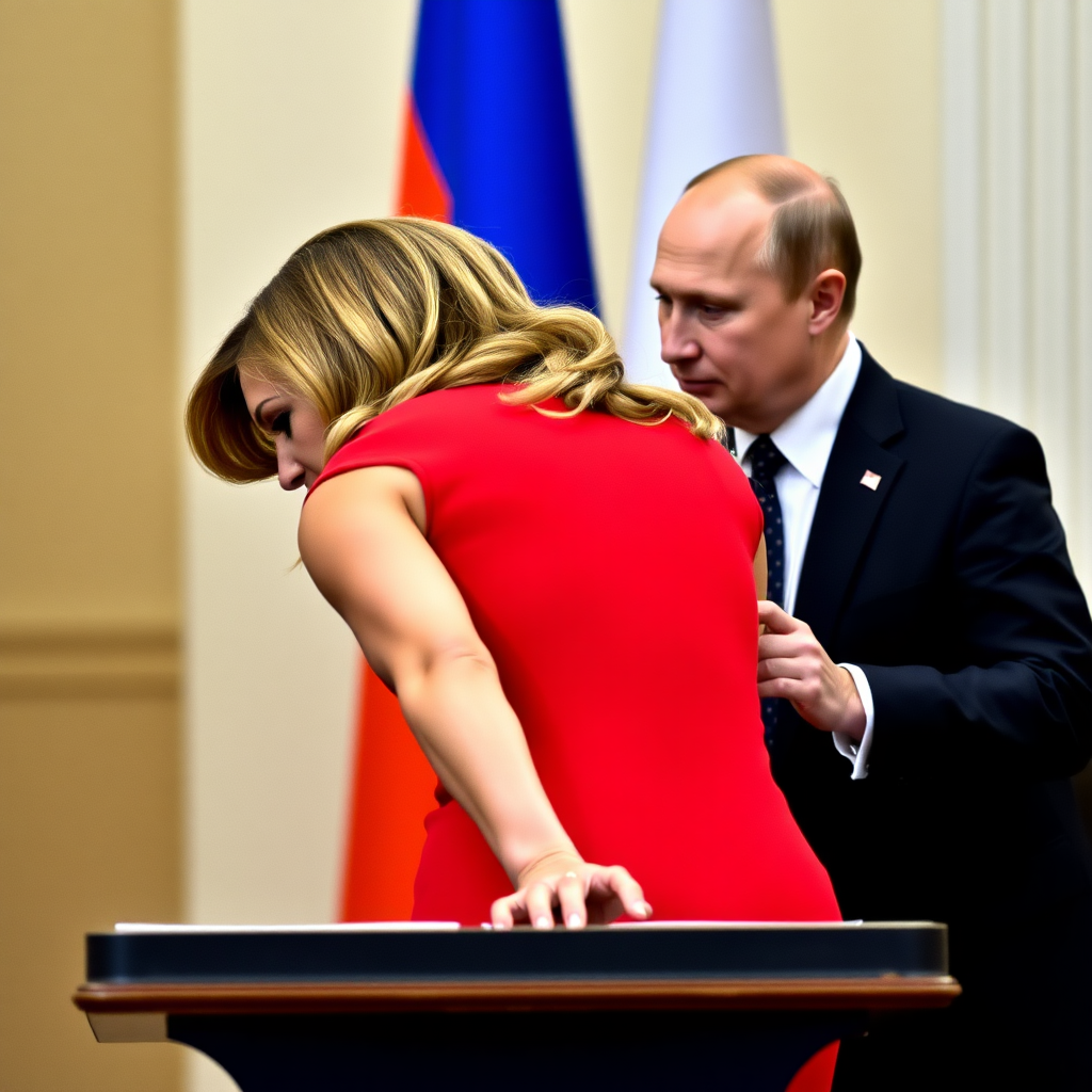 Melania Trump wearing tight red top, bending over small desk, Vladimir Putin behind her betting her back with his hand and he is facing the same direction as she.