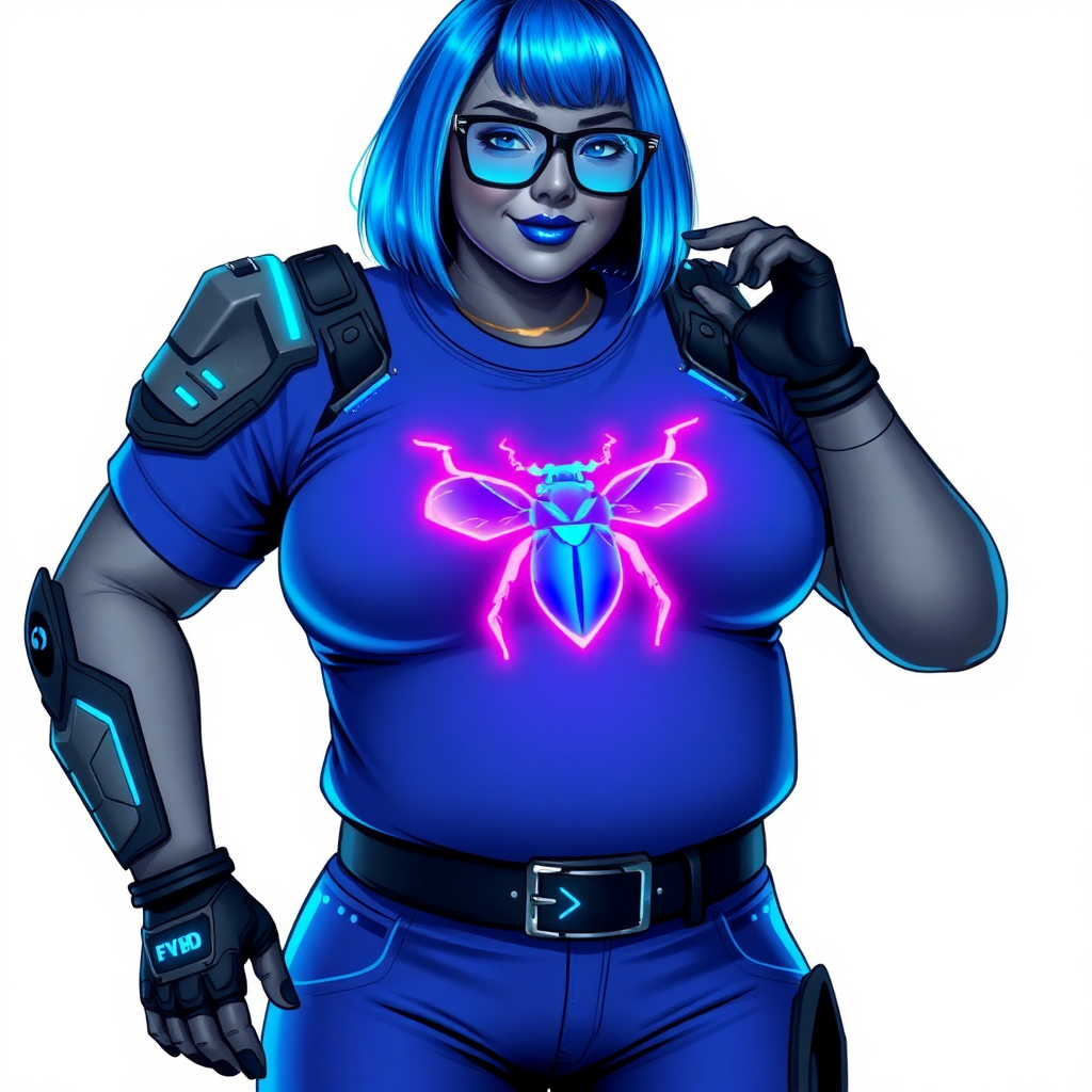 A 28-year-old, full-figured, metallic middle gray skinned computer program hybrid with a vibrant maximum blue bob cut. She has a non-athletic build, highlighted by a prominent, round, large midsection (fully emphasizing her round large belly) while being covered by her large t-shirt, reflecting her new junk food eating habits influenced by her boyfriend. As the full-figured, nerdy, digital sidekick to her cyberpunk vigilante boyfriend, her middle gray metallic skin and maximum blue lipstick underscore her digital essence. She dons a digital, computerized outfit: a large, tight-fitting, high-tech, maximum blue t-shirt with neon blue glowing beetle themed accents complete by a giant neon blue glowing beetle icon on the chest, hi-tech shoulder pads with neon blue accents, a black hi-tech belt with a digital sapphire beetle buckle, digital maximum blue pants with neon blue accents, and black hi-tech gloves with neon blue glowing accents. Her neon blue glowing eyes, black eyeglasses with neon blue lenses equipped with a built-in HUD, and shy smile with neon red blush highlight her nerdiness. She stands bashfully with one hand behind her back and the other gently touching her cheek, her outfit covering all her bare skin and fully emphasizing her full-figured physique (especially her large belly). She is clearly non-athletic, with a heavy focus on her full-figured physique (with full emphasis on her large belly). Despite her build, she radiates beauty. Her slim face contrasts with her physique, accentuating her radiant beauty. She is set against a solid white background. She is drawn as if she were in a retro 2D cyberpunk fighting game.