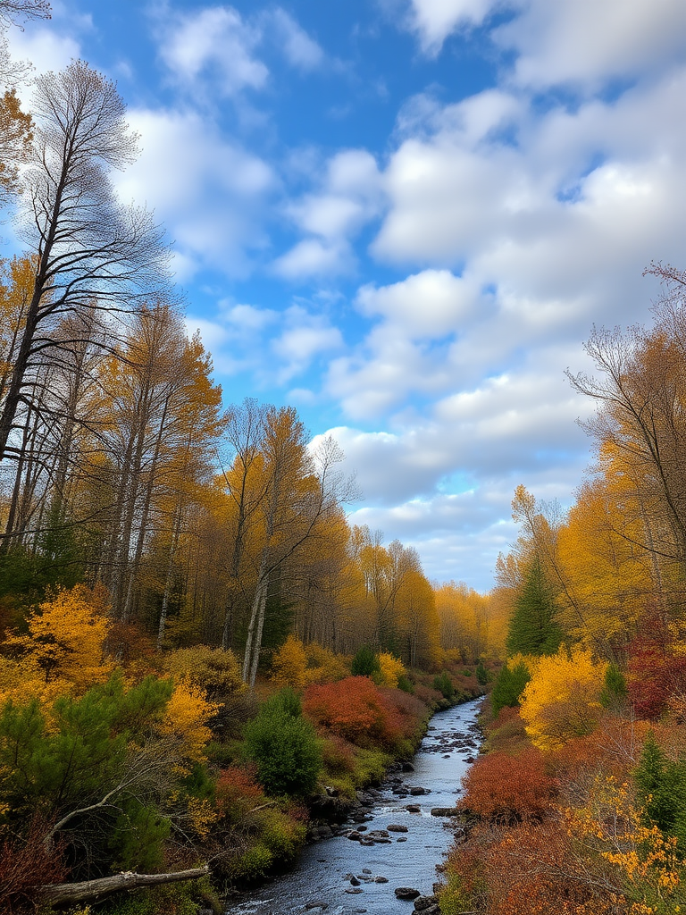 Autumn forest with Mediterranean vegetation and a long stream, sky with clouds