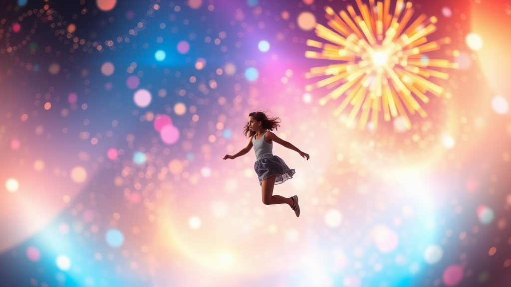 Low Key Lighting, dreamscape, nebula, Bokeh, abstract, brilliant colors, glittering, translucent, iridescent, glowing, artistic photo, panoramic, airy, original, experimental, interdimensional, fireworks, preteen girl floating in the distance