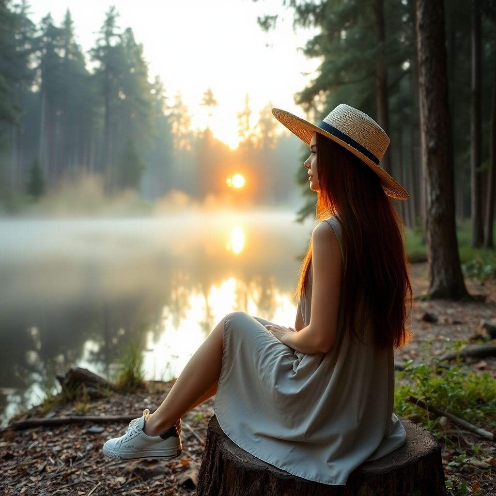 a young woman sitting on a stump next to a lake in a forest. long brunette hair. she is wearing a dress, sneakers and a wide straw hat. looking to the side, enjoying the sight. the sinking sun is falling through the trees. a little fog is rising from the lake. light like in a fairy tale, a bit mystic. photo