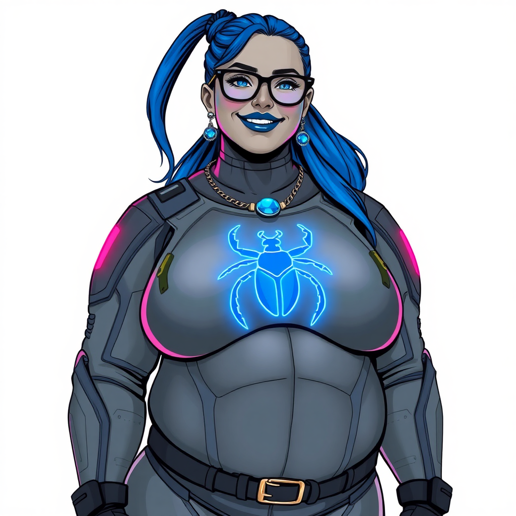 A cyberpunk vigilante’s full-figure middle gray metallic skinned computer program hybrid 28-year-old digital sidekick and loyal girlfriend. She has a long maximum blue ponytail and middle gray metallic skin. She wears maximum blue lipstick, blue eyes, a sapphire beetle gemstone necklace, sapphire earrings, black eyeglasses, and an oversized, digital, computerized, middle gray nano suit featuring a neon blue glowing beetle chest icon that accentuates her prominently, round, gargantuan midsection. She sports a beaming smile with a neon red blush. She serves as his minicomputer operating in his hi-tech wristwatch and supercar's onboard computer using her ability to hack into machines and computer to relay vital mission information. The background is solid white. She is drawn as if she was in a retro 2D cyberpunk fighting game. Her midsection is bloated to emphasize her figure.