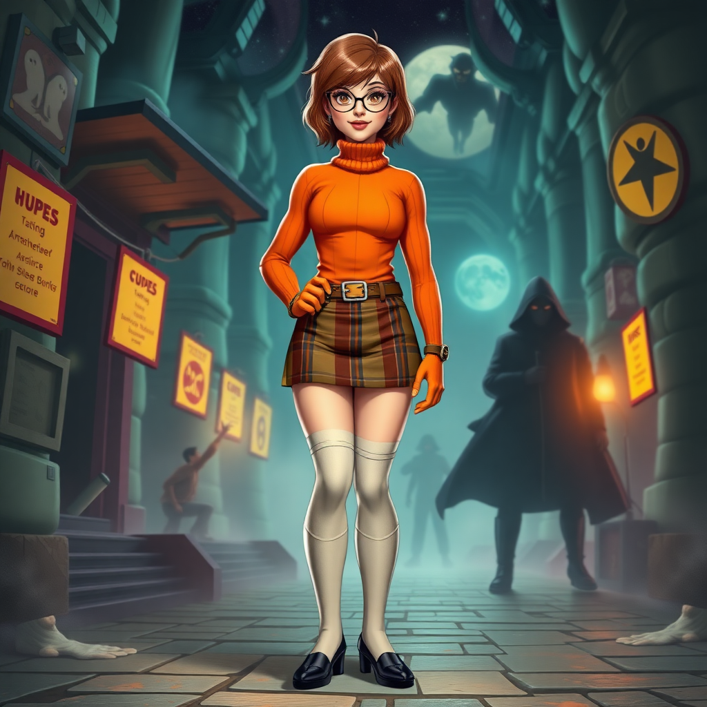 Create a full-length rendered image of a hybrid character inspired by Velma Dinkley, featuring a muscular male superhero body type while keeping the original head and hair intact. Alter the costume to fit the new proportions, incorporating elements like a tight-fitting orange turtleneck, a short plaid skirt adapted for a muscular build, and knee-high socks. The background should reflect the adventurous worlds associated with the character, showcasing a vibrant mystery-setting filled with clues, shadowy figures, or spooky elements, emphasizing an engaging and dynamic atmosphere.