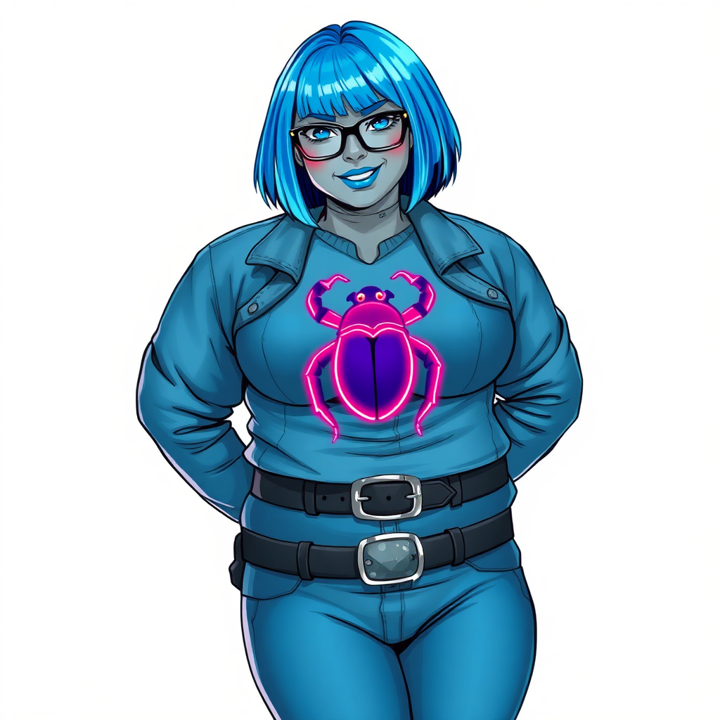 A 28-year-old, full-figured, middle gray metallic-skinned computer program-human hybrid with a maximum blue bob cut. She has a non-athletic build, highlighted by a prominent, round, large midsection. As a digital sidekick, computer hacker, and nerdy girlfriend to her cyberpunk vigilante boyfriend, her middle gray metallic skin and maximum blue lipstick emphasize her digital nature. She wears an oversized maximum blue leather shirt (that accentuates her figure) with a neon blue beetle chest icon, a black belt with a sapphire scarab buckle, maximum blue pants, and black gloves. Her bright blue eyes, black eyeglasses, and lovestruck smile with neon red blush accentuate her nerdiness. She stands bashfully with her hands behind her back, her bodysuit covering all her skin. Her physique is emphasized. She is on a solid white background. She is drawn as if she was in a retro 2D cyberpunk fighting game.