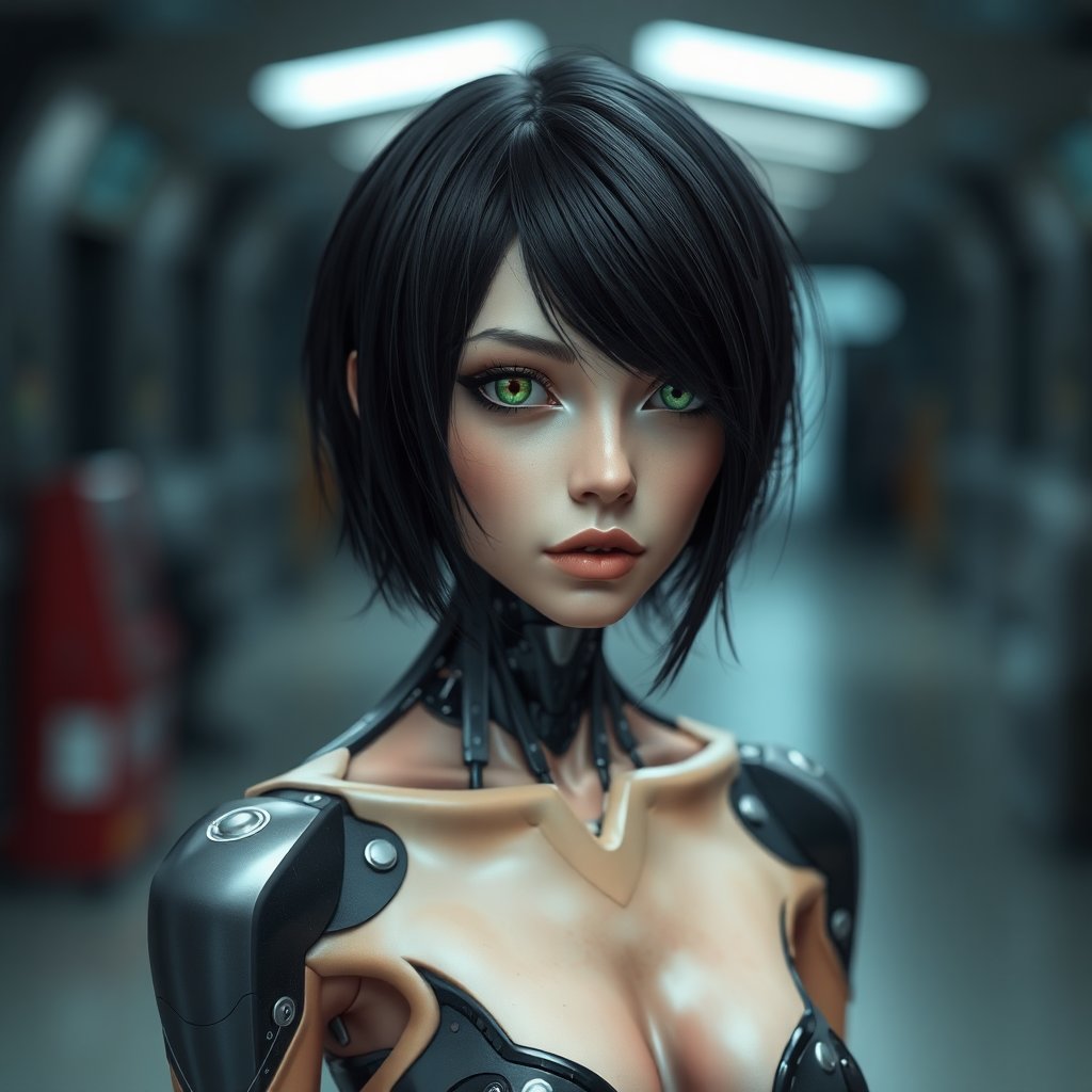 A photograph of a female cyborg with short black hair and green eyes. She has bare feet.