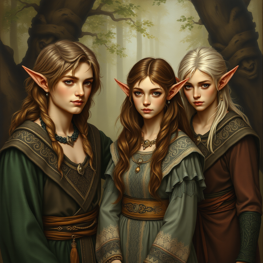 A painting in the style of Romanticism depicting a couple of adult elves with their two teenage sons, all in beautiful elven garments with intricate patterns. photorealistic, ultra high resolution, 16K