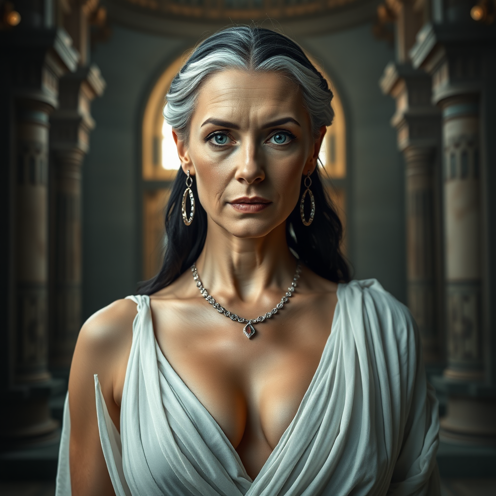 The female queen, aged 40, possesses pale skin, striking grey eyes, and elegantly black Grecian hair. Her visage features smooth wrinkles, suggesting a mature yet alluring beauty. Her eyes exude a sensual aura, and her lips are slightly parted, inviting curiosity. Dressed in a translucent, white, very low-cut Roman garment, she flaunts a voluptuous bosom with pronounced areola and nipple clearly visible beneath the fabric. Adorned with sparkling earrings and a necklace, her figure is reminiscent of a MILF, exuding a captivating appeal. The grandeur of her surroundings is a majestic castle, illuminated by the dramatic, cinematic lighting of a movie set. Each element is captured with ultra-detailed 8k photography, emphasizing the opulence and intensity of the scene.