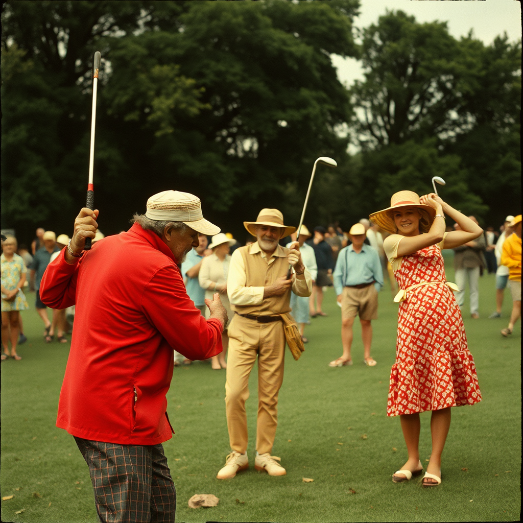 Highly detailed Kodachrome color real British surreal photograph from 1978 of August saw a contest fit for Kings  
From far and wide they came to trade their swings  
Little grubs with stone-age clubs  
And tanners' sons with foxes gloves  
They came to face the stiffest course since Tring