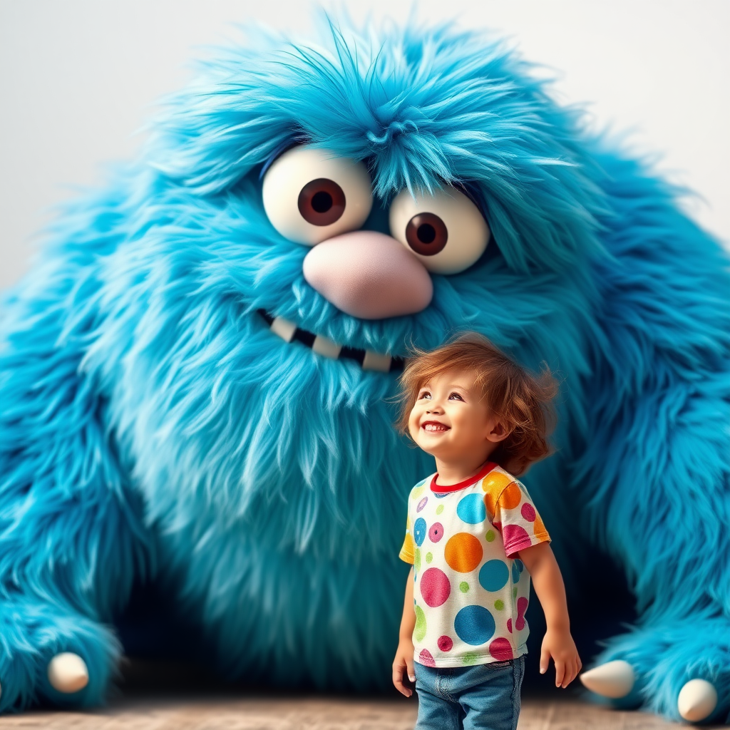 A colossal, fluffy blue monster with large, round, googly eyes, radiating kindness. 
Beside it, a joyful child around 5-6 years old, with messy brown hair, wearing a colorful t-shirt and jeans, looks up at the monster with a big smile and eyes full of happiness.