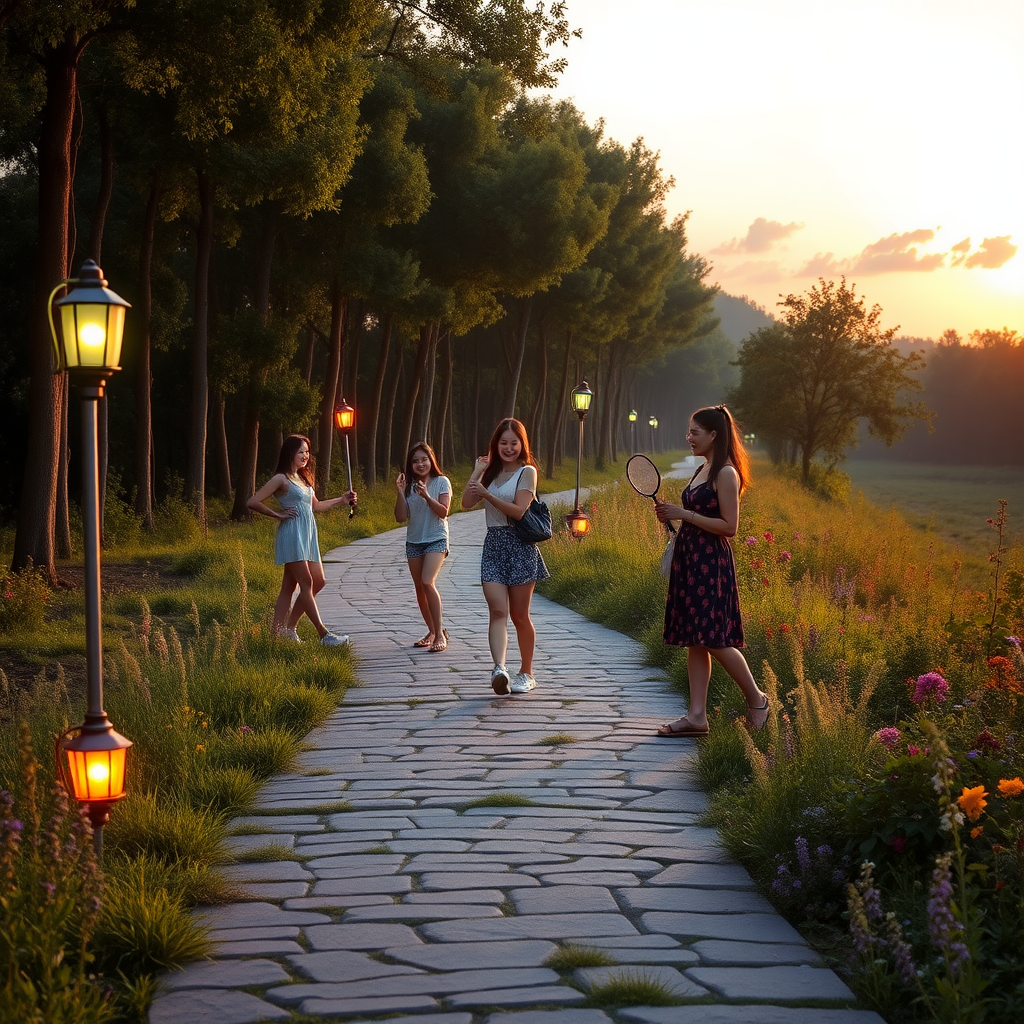 High summer. It is a hot summer evening. Three young pretty Asian women are playing jump rope. Two young sexy Asian women are playing badminton. Two cool young Asian women are chatting by the roadside. A roughly 500-meter long, uneven, and 2-meter wide bike and walking path runs along the edge of the forest, made of subtle, purple-colored and variously sized paving stones, overgrown by young trees for about 50 meters in length. On the left and right of this path, approximately every three meters, about 1-meter-high lanterns are placed in a staggered manner, each of different colors in the style of the 1950s, effectively and colorfully lighting up the path. Small colorful herbs and wildflowers bloom on both sides of the path. It is starting to get twilight. A part of the sky is visible. Like in a fantasy painting, a few veil clouds can be seen, glowing in pastel colors from the late evening sun. The picture is bathed in a warm yellow light. The atmosphere is mystical and surreal. Few tiny mythical creatures can be discerned in the underbrush.