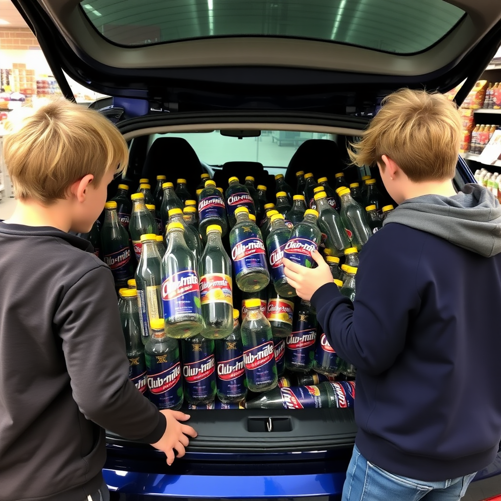 Two boys with blonde hair loading a huge amount of "club-mate" energy drink bottles in the trunk of a dark blue car, in Germany at a discount store.