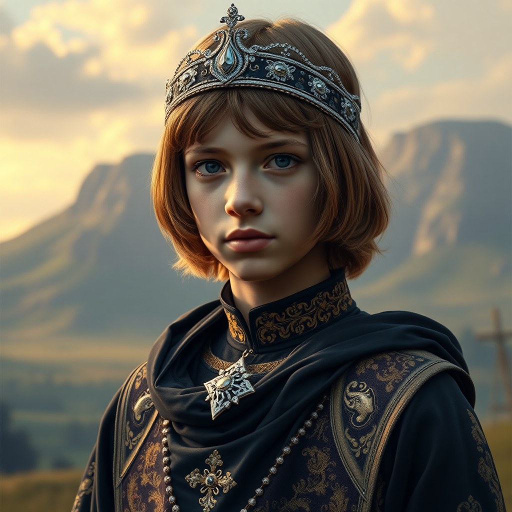 16yo teen boy prince, long bob cut, embroidered with gold and diamonds medieval cloths, diamond diadem, and Beautiful War. Free style by FLUX photorealistic. The background is in the style of landscape style by Antonio del Polaiolo, ultra high resolution, 16K.