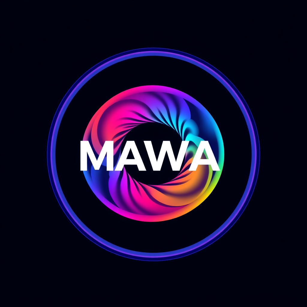 Modern Circle 4K Logo For AI Program Called "MAWA" Text Center Logo To Have Spiraling Mixing Color Pink, Purple, Blue, Yellow Futuristic AI, No Broken Lines, No Color Overlapping Onto Text, No Blurring, No Fading