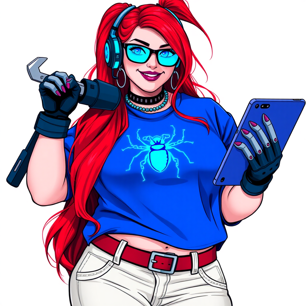 An intelligent and tech-savvy 29-year-old computer hacker and tech genius. She has a long ruby red ponytail. She wears maximum blue lipstick, blue eyes, a sapphire beetle gemstone necklace, sapphire earrings, black eyeglasses, hi-tech power gloves, and an oversized maximum blue t-shirt featuring a neon blue glowing beetle chest icon. She has a gargantuan full-figured physique with a prominent round gargantuan midsection, reflecting her well-cared-for lifestyle. She sports a sapphire headset with a hi-tech maximum turquoise lensed HUD, and a beaming smile accentuated by a passionate neon red blush. She serves as his tech expert from his hideout, holding a futuristic tool wrench and a futuristic digital tablet. The background is solid white. She is drawn as if she was in a retro 2D cyberpunk fighting game.