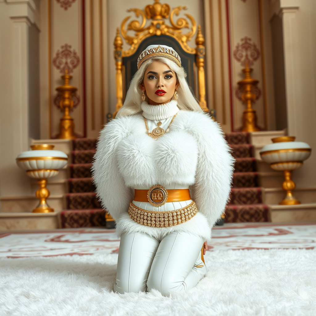 Kuwait desert palace throne room, throne raised on stair head, old overweight mighty sheik sitting on throne. In front of stairs, kneeling on white fluffy carpet: Melissa, European 17 years old very convincing femboy “trophy-bimbo”, tamed servile docile, very beautiful feminine flawless face, rather short boyish figure, platinum blond short tight curls, bold red lips, heavily made-up face, wearing Supertanya-style fluffy very fuzzy bright white angora turtleneck-poncho cropped ending under bust decorated with pearls and gemstones, striking oriental ancient chastity belt, white vinyl thigh-high boots with golden heels, full Oriental bridal jewelry with striking headpiece, full Oriental face-jewelry, striking diamond “HAVARD” letter brooch on left chest, pout frustrated, hands tied behind back, looking at camera. Full view of scene, side perspective.