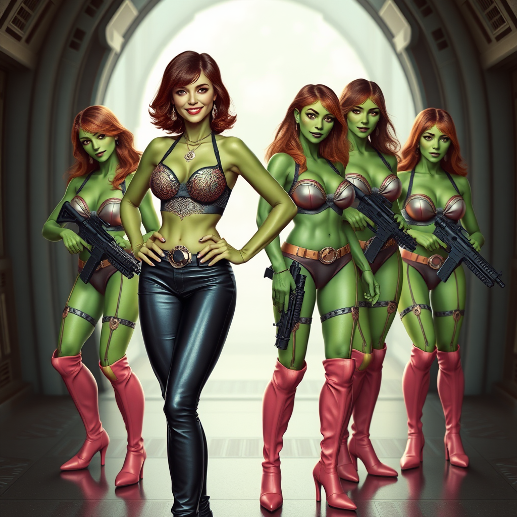 Tall, beautiful green skinned woman. Her brown hair is in a shag-cut style. Her eyes are gold. She is dressed in an ornate metal bra. She is wearing black leather pants, with pink knee high boots. She has her hands on her hips. She is smiling. A sci-fi looking gun is holstered at her hip. Four other green-skinned woman, dressed in metal bikinis, each carrying a weapon, stand next to her. They are at a sci-fi looking space-port.