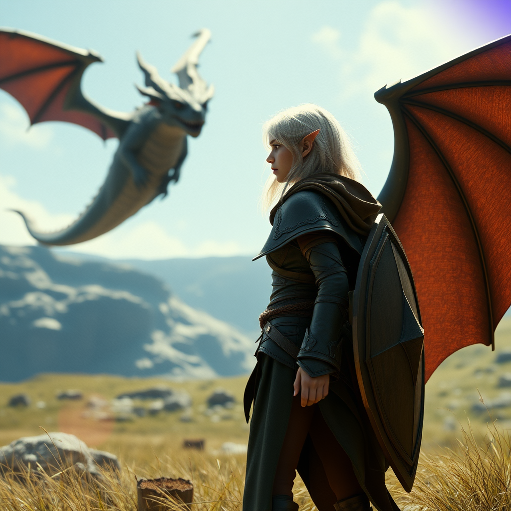 A twenty-something elf girl like (Ana de Armas). Messy shoulder-length white hair. Wide triangular shoulder pads, flowing cloak, leather armor, shield, skirt, high heel ankle boots. She is looking at a dragon flying in the background. WLOP style. Photorealistic digital matte painting, highly detailed, film grain, lens flare, chromatic aberration.