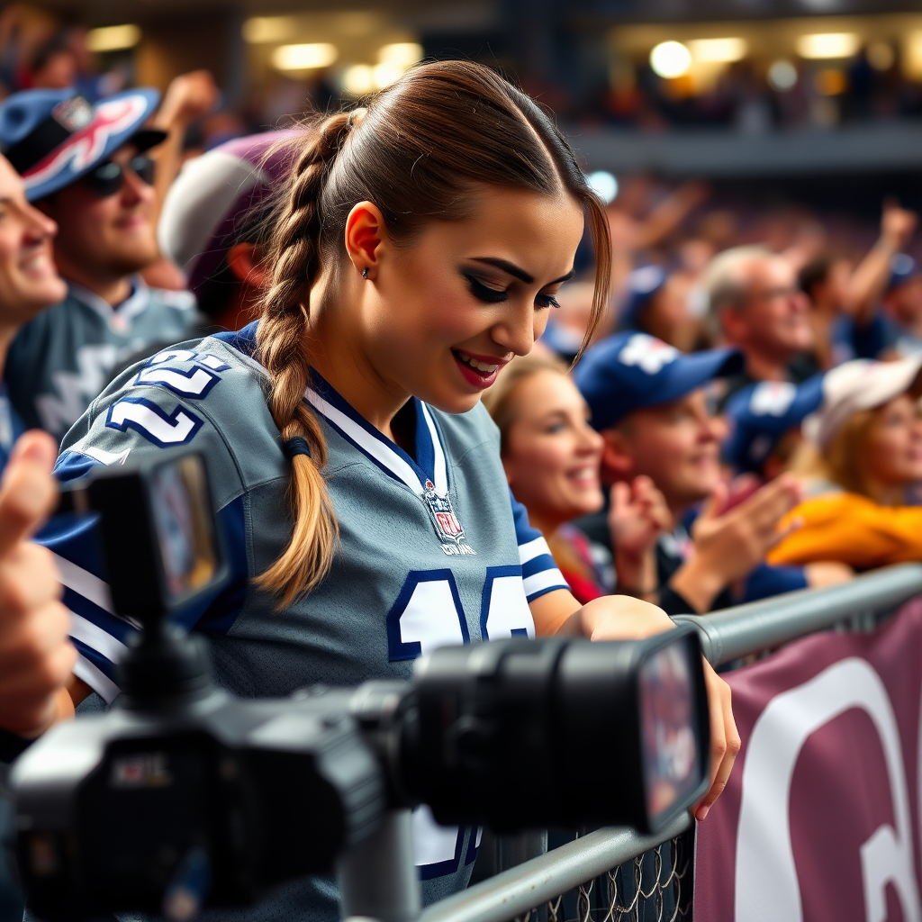 Attractive female NFL fan, pigtail hair, jersey, leaning forward over barrier, looking down, tv camera, cheering, inside front row crowd, TV camera perspective