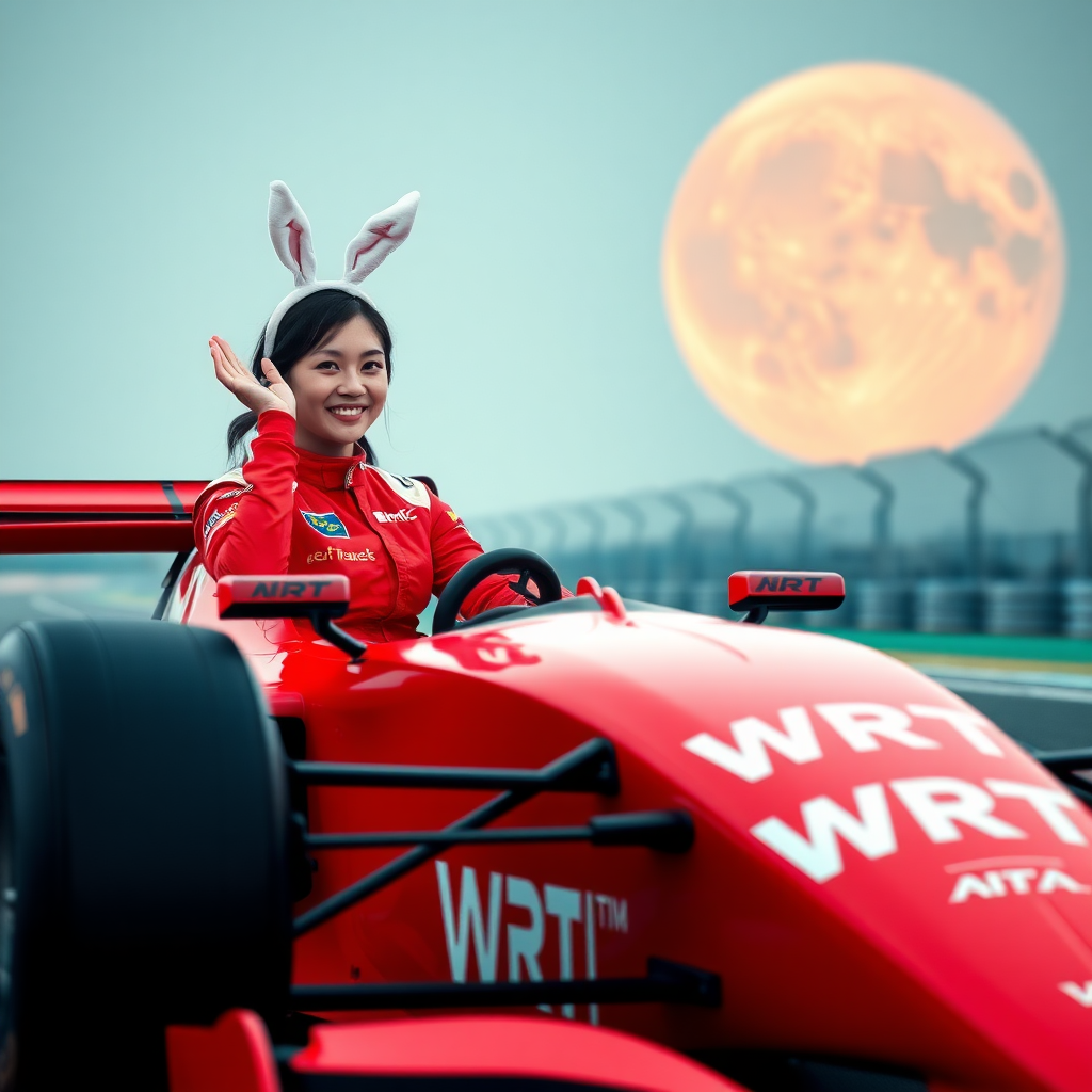 On the track, a red Formula 1 car with only "WRT" written on its body; a beautiful Chinese female driver wearing rabbit ears on her head, sitting in the car with a cheerful smile and waving her hand; her red racing suit also only has "WRT" written on it; the background features an enormous moon.