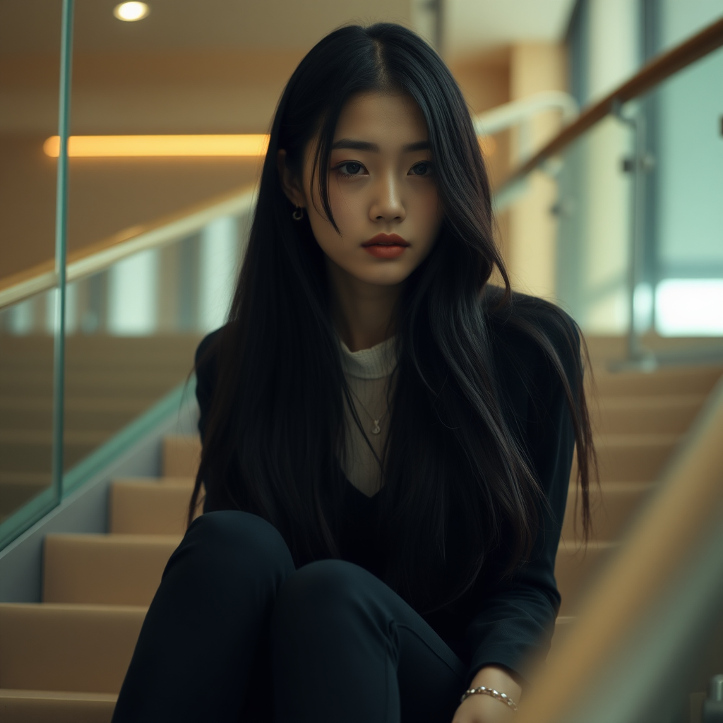 A young, very mysterious Asian woman with long, jet-black hair sits on a large staircase behind a glass partition and looks a little sad