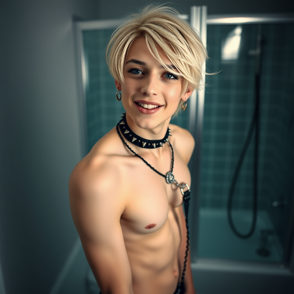 photorealistic, ultra high resolution, 16K, surreal fantasy, studio lighting, a pretty 16 year old goth boy, slim male physique, short blonde hair, goth makeup, earrings, pantyhose, harness, spikey dog collar and leash, trainer-bra, white ballet shoes, in the bathroom, excited smile, facing the camera.