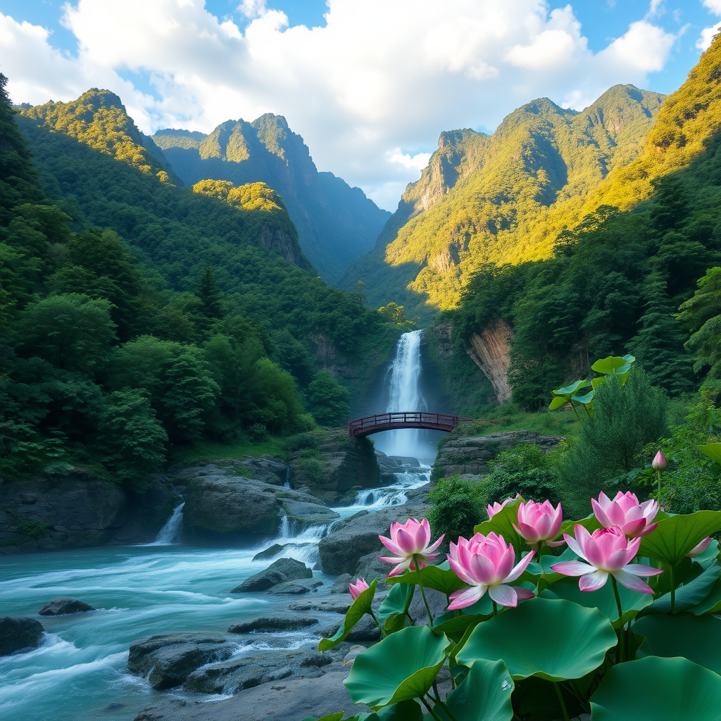 Masterpiece, highest resolution, highest quality, HD, high mountains, green forests, waterfall, flowing water, small bridge, lotus flowers, lotus leaves, blue sky and white clouds.