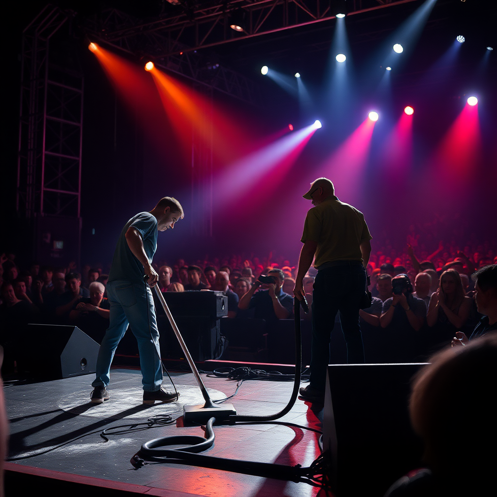 A cleaner is vacuuming during a live concert on stage. The security guards cannot stop him.