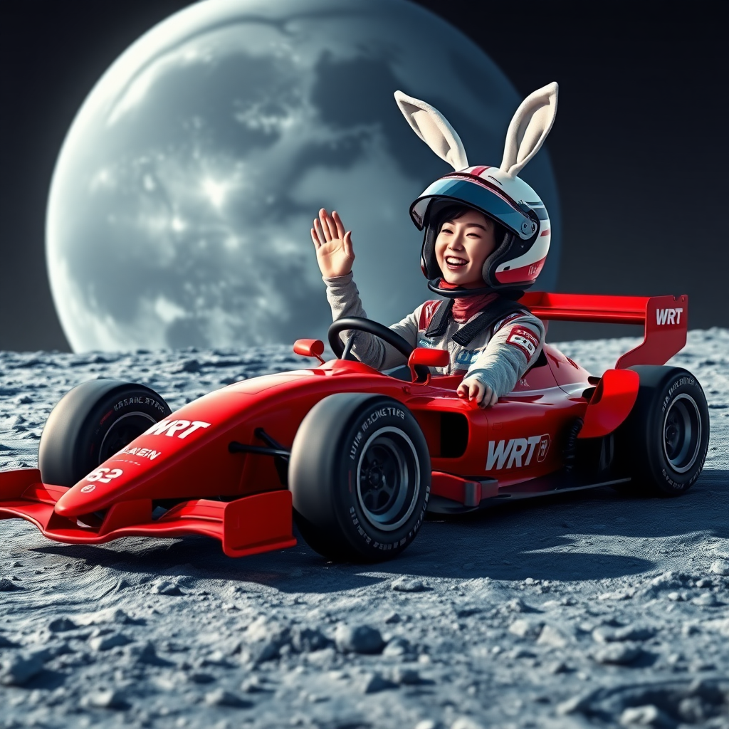 On the surface of the moon, there is a red Formula One racing car with "WRT" written on it. A beautiful Chinese female racer, wearing a racing helmet with white rabbit ears sticking up, is laughing and waving one hand while gripping the steering wheel with the other. The background features a huge Earth.