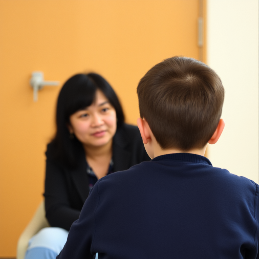 An amateur photograph, taken from behind a child. The child is sitting down. A female counsellor is sitting behind the child. The counsellor is east Asian. The child is English. The child and the counsellor are engaged in conversation. Underexposed. Noisy.