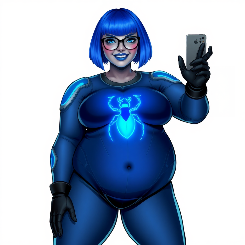 A 28-year-old, full-figured, middle gray metal skinned computer program-human hybrid with a maximum blue bob cut. She is the digital sidekick, computer hacker, and nerdy girlfriend of her cyberpunk vigilante boyfriend. Her middle gray metallic skin, distinct from any other character, highlights her digital nature. She wears maximum blue lipstick and has bright blue eyes. Her outfit includes an oversized digital maximum blue bodysuit with a neon blue glowing chest icon of a beetle and black gloves. Black eyeglasses accentuate her nerdiness, and she has a lovestruck smile with neon red blush. Her non-athletic full figure consists of a prominent, gargantuan, round midsection (with the full emphasis on her gargantuan belly), gigantic limbs, and broad shoulders, reflects the doting care of her vigilante boyfriend. The background is solid white. She is drawn as if she was in a retro 2D cyberpunk fighting game. Ensure her bodysuit covers all her bare skin (especially her round gargantuan belly). Her oversized bodysuit is influenced by DC's superheroine Jennifer Knight Phantom Lady but remains distinct.