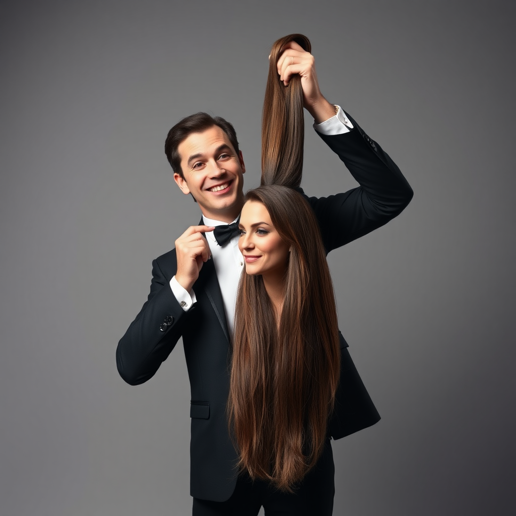 A surreal image of a smiling male magician standing to the side while holding up the disembodied head of a very long haired Kate Middleton. He is grabbing her very long hair and pulling it up high in the air, while her head is hanging by her hair from his grasp to display it to the camera. Plain gray background.