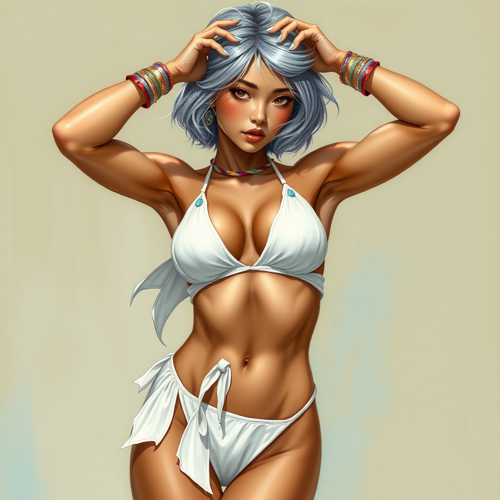 Girl, toned and muscular and has abs. short silvery flowing hair. Her fingers and toenails are painted sky-blue. Her attire consists of a white primitive scant revealing two-piece bikini-like outfit with pale red, sky-blue, gold and purple bands on her neck, arms, wrists, shins, and ankles. Tan skin. Asian face. Sexy exaggerated pose. Hands covered by head, exposing armpits. fantasy painting high contrast, well-drawn, highly detailed, and beautiful rendering.