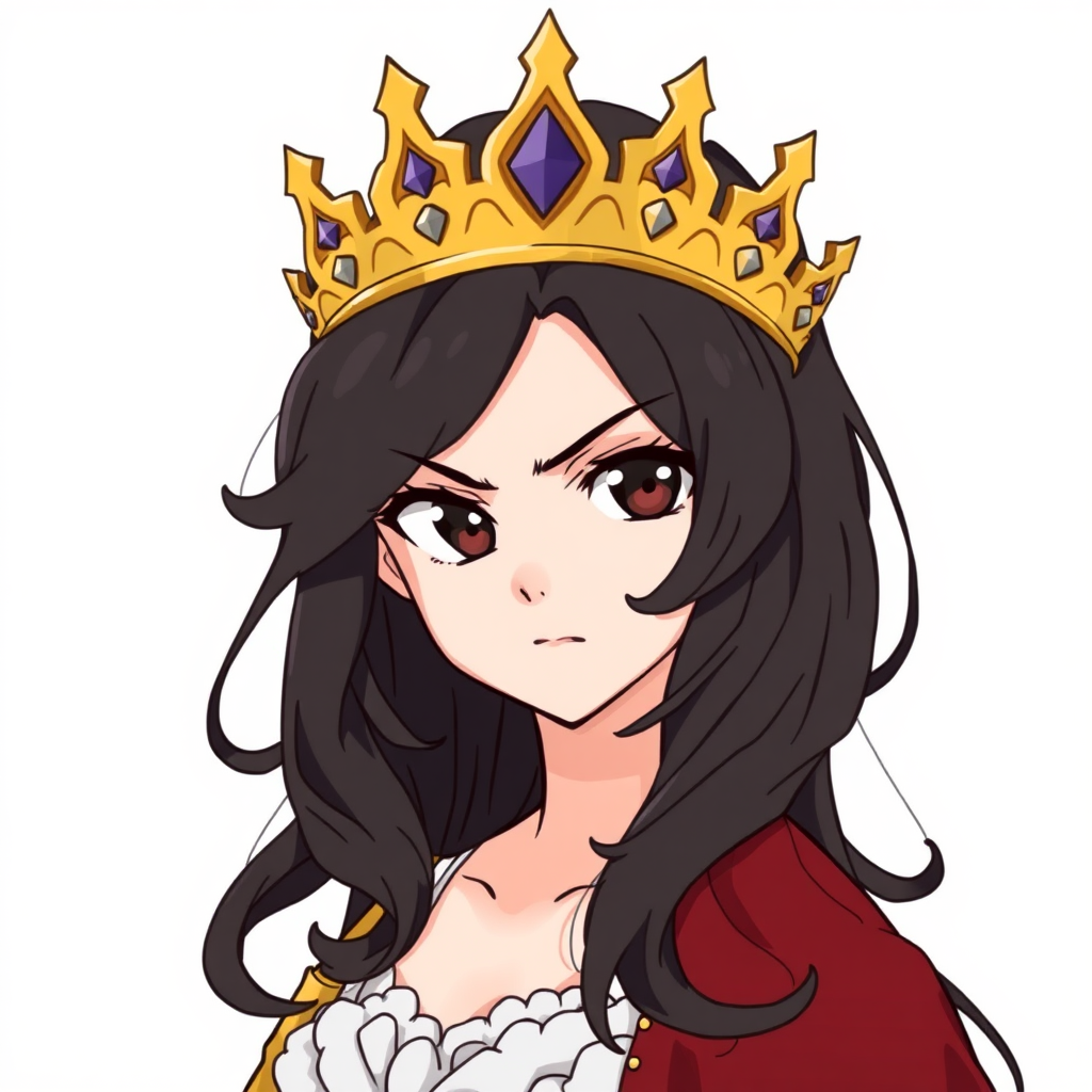 1girl, anime, thin lines, highly detailed, fantasy, medieval, reluctant queen who has a scowl on her face, looking at the viewer. Her hair is wavy, black, and shoulder length. Her eyes are dark brown and have a confident and self-assured gaze to them. She is wearing a golden crown with gemstones. Simple gray background.