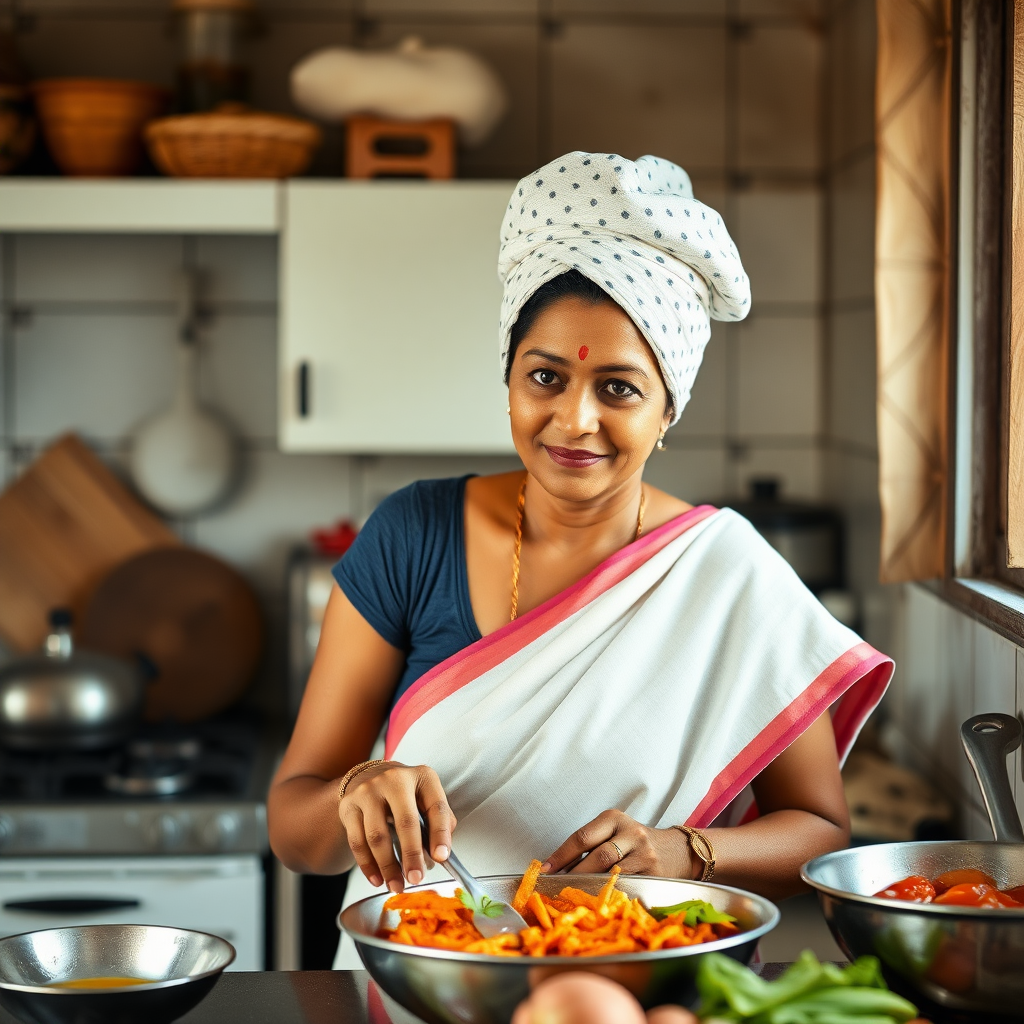 slim, 40 year old, traditional indian wife, dotted towel head, cooking food in kitchen