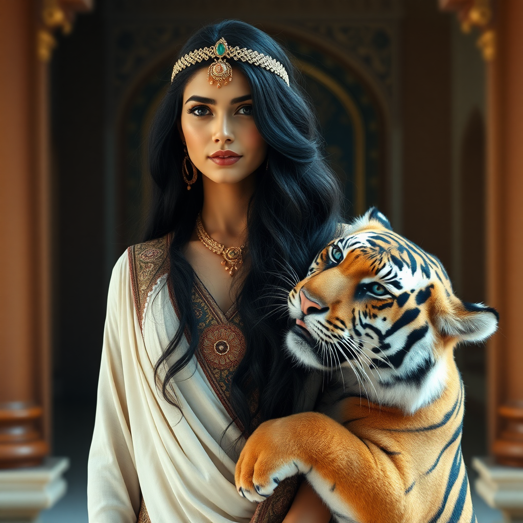 an arabic princess of 19 years standing in the palace. long black hair. a tiger on her side is rubbing his head at her waist. photo