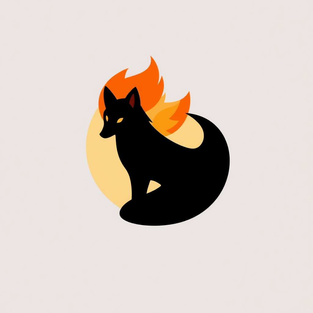 A minimalistic logo of a black fox with fire for a tail and eyes